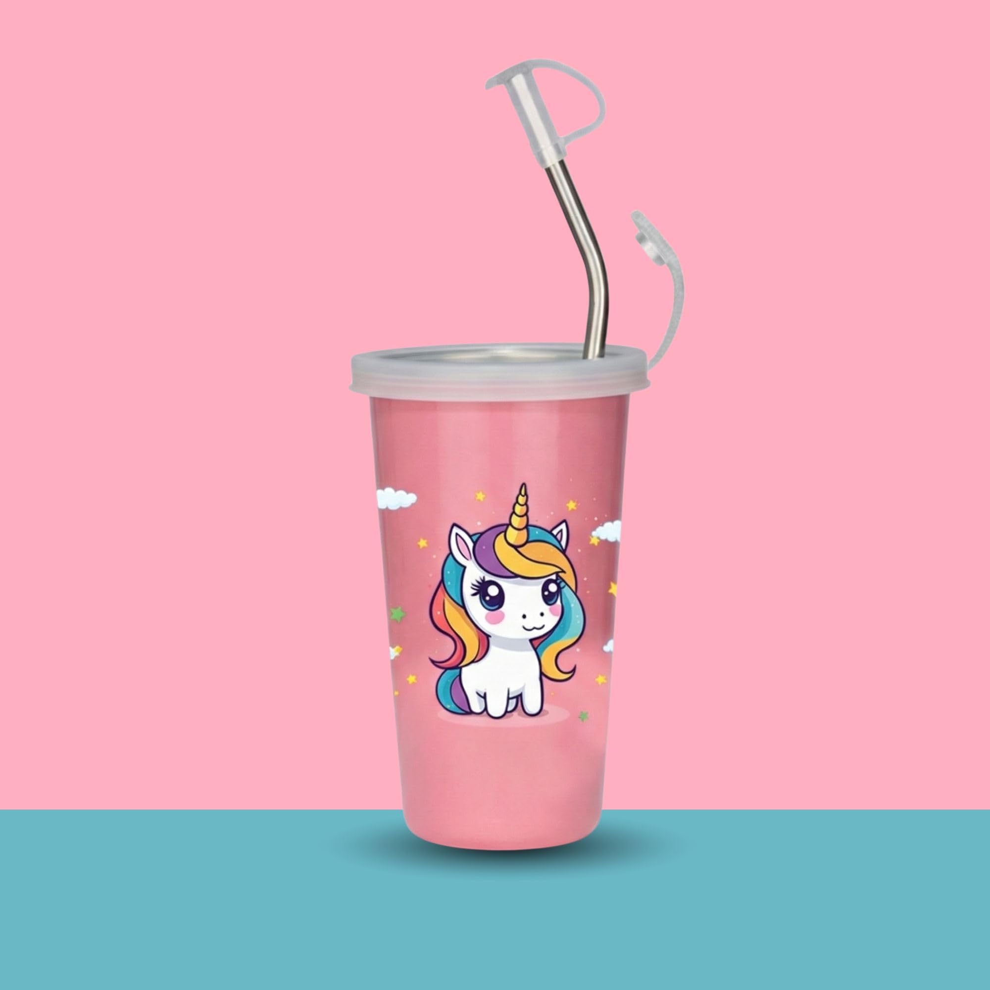 PDDFALCON Stainless Steel Glass/Tumbler, Unicorn Pink, 450ml | Cartoon Print, Steel Straw Included, Cleaning Brush Included, Food Grade Cap, 100% Leak Proof-image-48