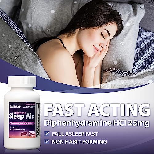Image of HealthA2Z Sleep Aid, Diphenhydramine HCl 25mg Softgels, Supports Deeper, Restful Sleeping, Non Habit-Forming (250 Softgels)