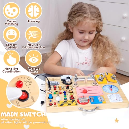 Image of Busy Board with 13 LED Light Switches and 12 Activity, Montessori Toys for Toddlers, Wooden Toy Sensory Activity Board, Travel Toys for 1+ Year Old Boy & Girl Birthday Gift (25 in 1 Busy Board)
