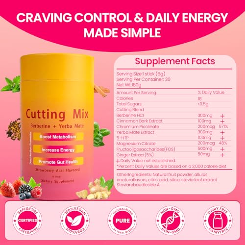 BOYAO Cutting Drink Mix | Metabolism & Daily Energy Support Supplement with 5-HTP, Yerba Mate & Berberine, Strawberry Acai Flavor, 30 Single-Serve Sticks — view 2