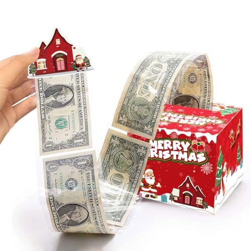 Christmas Money Box for Cash Gift Pull, Money Gift Boxes for Cash with Pull Out Surprise Merry Christmas Box Holder with 50Pcs Transparent Bags for Women Men Girls Boys Mom Dad Friend
