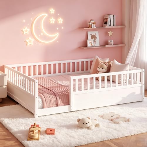 Image of Bellemave Queen Size Kids Montessori Floor Bed,Solid Wood Floor Bed Frame with High Fence and Door for Kids,Girls,Boys,White