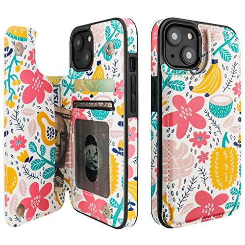 Image of HAOPINSH for iPhone 13 Case Wallet with Card Holder, Summer Fruits Pattern Back Flip Folio PU Leather Kickstand Card Slots Case for Women Girls, Double Magnetic Clasp Shockproof Cover 6.1 inch