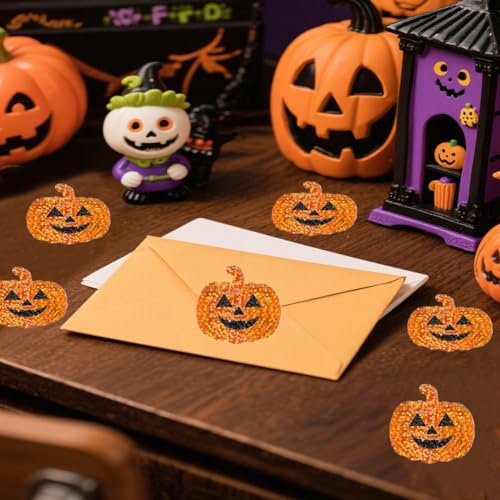 Image of 500Pcs Halloween Pumpkin Stickers Roll 1.2in Laser Smiling Pumpkin Shape Waterproof Decals Orange Sparkly Self-Adhesive Stickers Halloween Party Envelope Scrapbook Decorations
