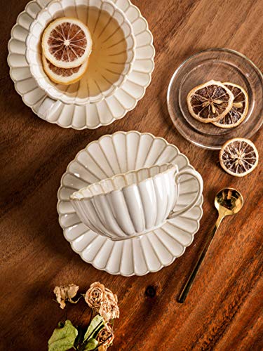 CwlwGO-Tea Cup with Saucer for Latte, Cappuccino Tea, (7 Oz), British Coffee Cups, Porcelain Tea Set,Reactive Glaze (two pack White)