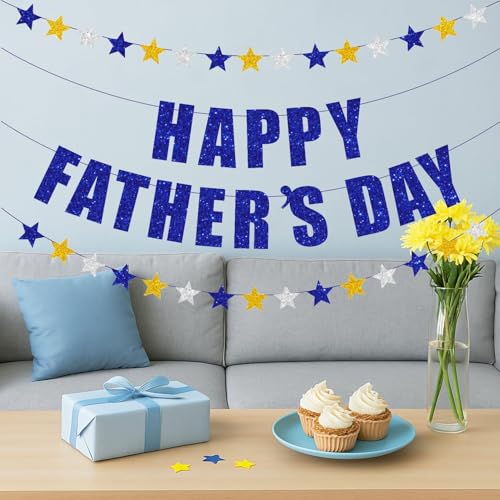 Image of Happy Father's Day Banner, Glitter Blue Happy Father's Day Banner with Tassel, Father's Day Party Decorations, Father's Day Party Supplies, Garland for Father's Day (Blue Gold Silver Star)