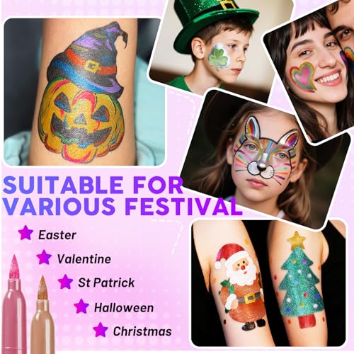 ThEast 10 Colours Halloween Face Paint Pens, Metallic Glitter Body Markers for Skin, Temporary Tattoo Pen for Kids & Adults - Makeup for Party, Festival Essentials - Image 5
