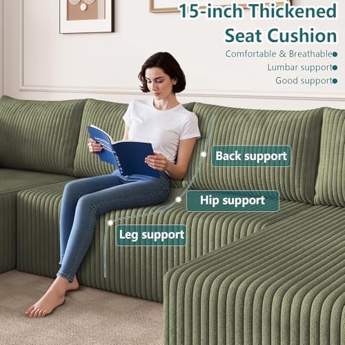 Image of 124 inch U-Shape Cloud Couch, Modern Modular Sectional U-Shape Sofa, Corduroy Boneless Couch Upholstered Couches Deep Seat Sleeper Chaise Longue for Living Room, No Assembly Required,Green