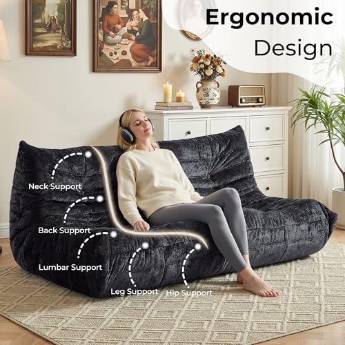 Image of HABUTWAY Giant Bean Bag Chairs Lazy Sofa for Adults,3 Seater,Black | 3 Seater Fireside Chair, Memory Foam Lazy Large Floor Bean Bag Sofa for Living Room, Bedroom, Dorm, Office