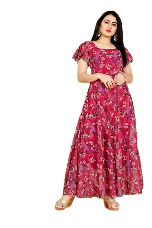 Flower Digital Printed One Piece Long Kurti Gown for Women | Georgette Fabric with Heavy American Crepe Lining | Square Neck & Stylish Short Sleeves-image-36