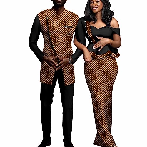 African Couple Outfits Women Print Wax One Shoulder Pencil Dress with Men Dashiki Jacket Shirt and Pants Sets