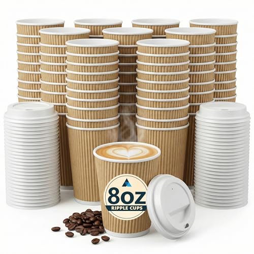 Nationwide Paper 8oz (235ml) Small Takeaway Coffee Cups with Lids Brown Triple Wall Ripple Insulated Paper Cups for Espresso Flat White Cappuccino & Tea Disposable Catering (Pack of 50)