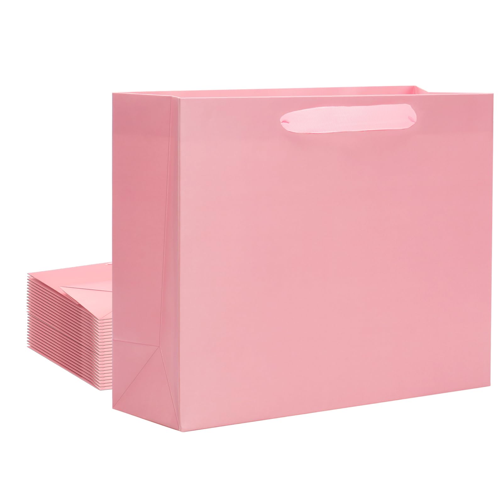 QIELSER 12 pcs Kraft Gift Bags - Bulk Large Size 12.5x4.5x10 Inches Pink Kraft Paper Shopping Bags with Ribbon Handles, Party Favor Bags, Wedding Bags