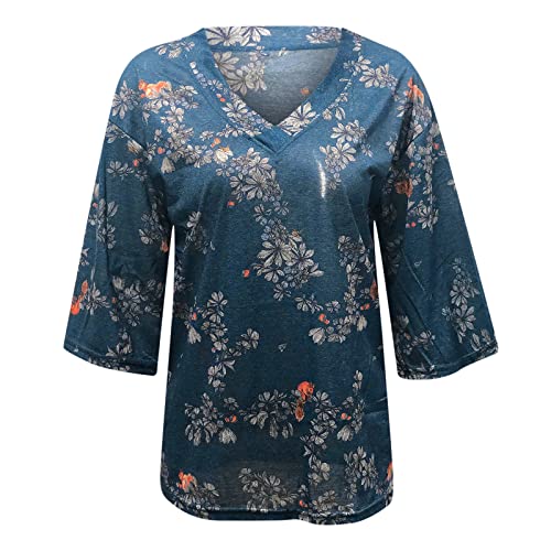 Blusa feminina com estampa floral, manga 3/4, gola V, casual, caimento confortável, leve, pulôver, A