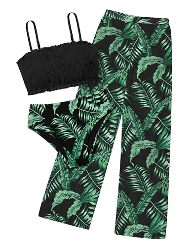 Image of NECIOUS Girls Swimsuit, 3 Piece Bikini Bathing Suit Tropical Floral Swimwear with Cover Up Pants 7-16Y