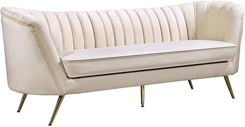 Meridian Furniture Margo Collection Modern  Sofá tapizado de terciopelo contemporáneo con canal profundo y patas de acero inoxidable doradas, crema,