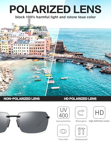 Image of BIRCEN Mens Polarized Sunglasses for Driving: Rimless UV Protection Sun Glasses with Al-Mg Frame for Fishing Traveling Golf