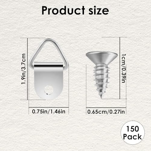 Image of Picture Hangers, 150 Pcs D Ring Picture Hangers with 150 Pcs 10mm Screws, Small Triangle Ring, Stainless Steel Single Hole Triangle Ring Steel Picture Hangers for Hanging Pictures,Photo,Clock (Silver)