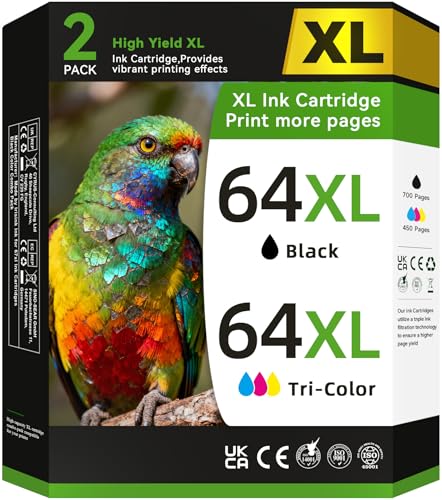 Image of 64 Ink Cartridges Black /Color Combo Pack Compatible for HP Ink 64 64XL Black and Color Ink Cartridge for Printers Fit for HP Envy Inspire 7955e 7900e 7255e 7220e Envy Photo 7855 7155 7858 Tango X Ink