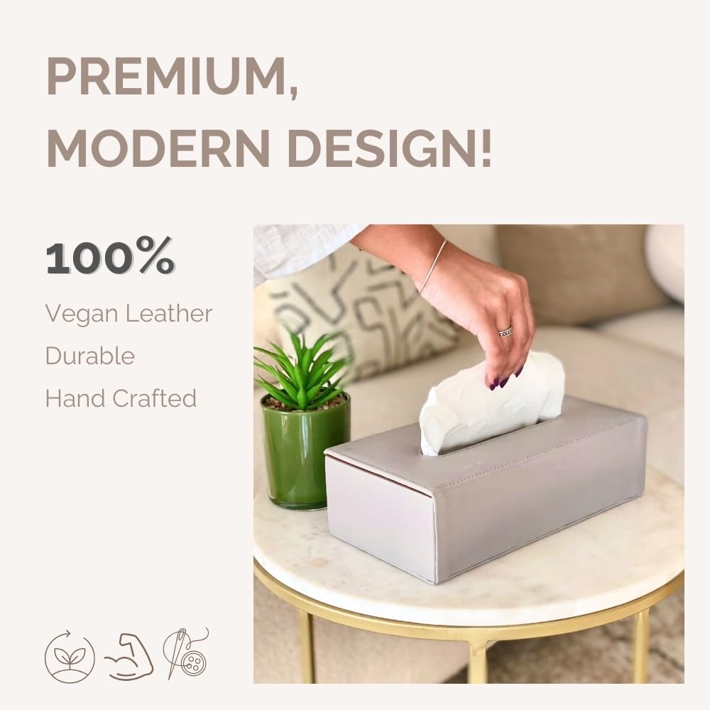 Mason Home Vegan Leather Light Grey Coloured Tissue Box - 1 piece - L 10.5" x B 5.25" x H 3.5" | Paper Napkin Holder | Tissue Case - Holder - Dispenser - Organizer | Home - Office - Table - Desk - Car