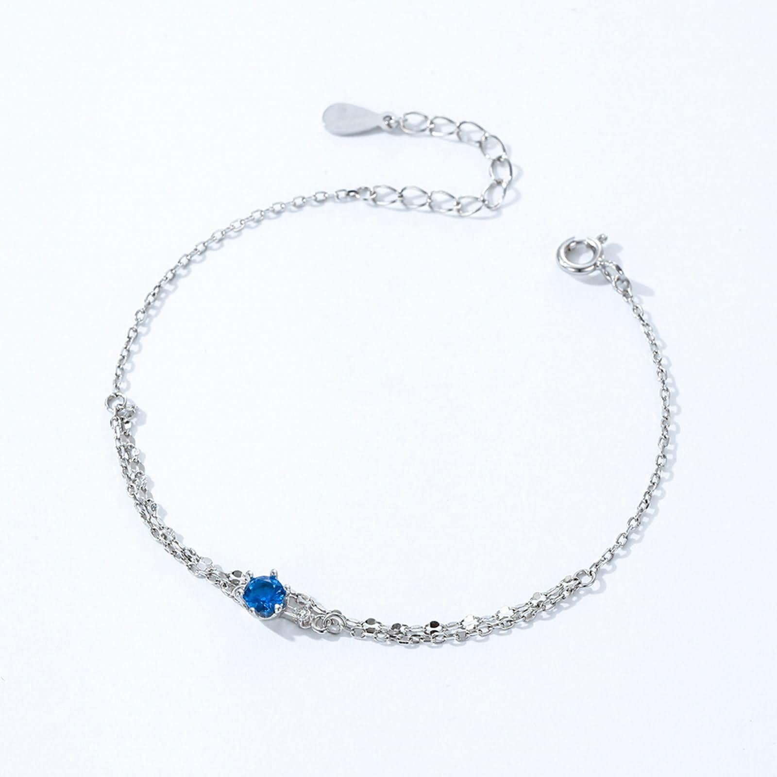 Pulseras Oro Blanco 9K / 14K / 18K Mujer, Cadena Doble Capa con Topacio y Moissanita, Cadena Extensible 16 CM + 5 CM, Pulsera de Mujer Plata Azul