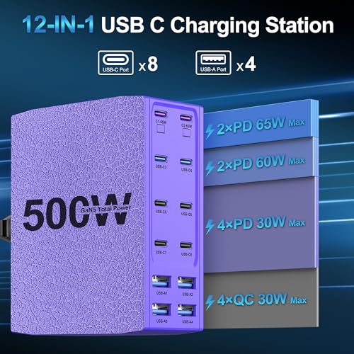 Image of 500W USB C Charger Block, 12-Port USB C Charging Station for Multiple Devices, Leather Texture Dual PD 65W Laptop Fast Charger Compatible with MacBook Pro /Air, iPad, iPhone,Galaxy and More,Purple