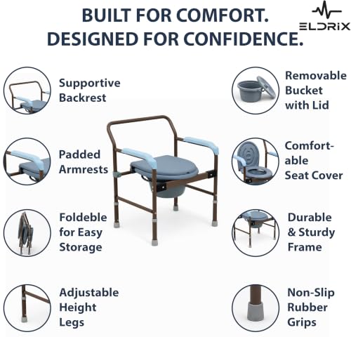 Image of Eldrix Commode Chair for Toilet Adult | Potty Chair for Adults with Foldable Seat, Height Adjustable Frame | Commode Stool (Brown)