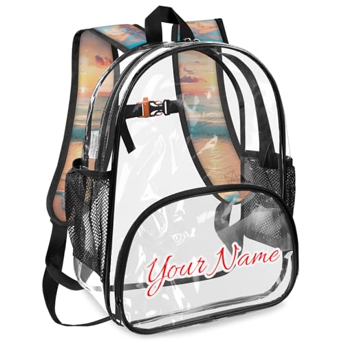 Personalized Small Clear Backpack Stadium Approved Heavy Duty PVC Plastic Custom Transparent Backpacks See Through Bag with Name, Ocean Beach Sunrise Sunset2