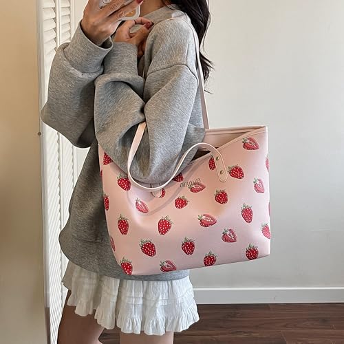 Image of hibear Cherry Print Tote Bag for Women Bow Shoulder Handbag Trendy Faux Leather Top-Handle Bag with Cherry Accessories