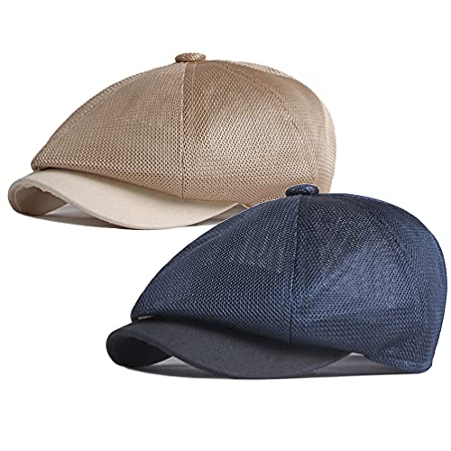 LUTICELI Men Breathable Mesh Summer Hat 8 Panel Newsboy Beret Ivy Cap Cabbie Cap (2 Pack-Navy/Khaki)