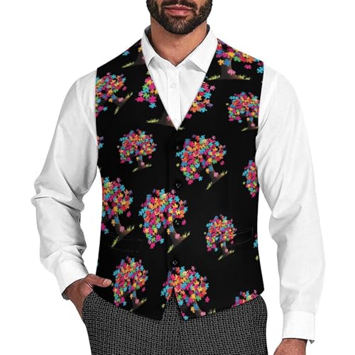 Autism Awareness Puzzle1 Piece Tree Novelty Men's Suit Vest Funny Formal Dress Vests Business Waistcoat