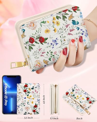 Image of Bistup Leather 12 Slot Accordion Card Holder Wallet, Vintage Flower | Accordion Storage, Zipper Around Closure, Compact Patterned Wallet for IDs, Cards, Cash, Daily Carry and Gifts