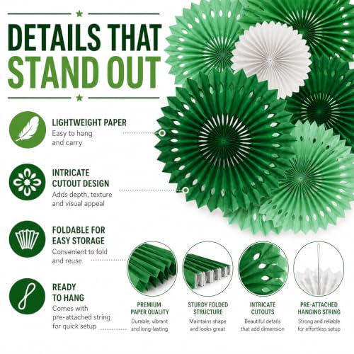 Image of Green White Party Decoration Hanging Honeycomb Round Paper Fans Kit for Theme Birthday Baby Shower Summer Forest Patrick's Irish Backdrop Party Supplies 11 Count