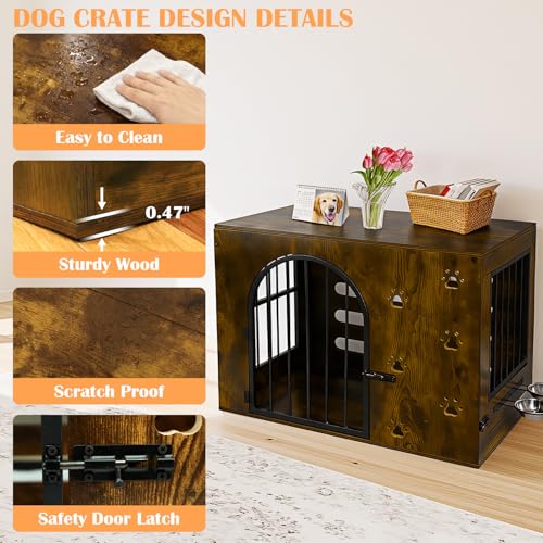 Dog Crate Furniture for Small Medium Dogs, Heavy Duty Wood Metal Indoor Dog Kennel with Bowls, Decorative Pet Cage Dog House as TV Stand, Brown - Image 3