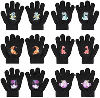 QKURT Kids Knitted Gloves, 6 Pairs of Children's Solid Color Knitted Gloves Boys' Winter Warm Mittens Winter Outdoor Magic Gloves for Boys & Girls Dinosaur Lovers Ages 5-12
