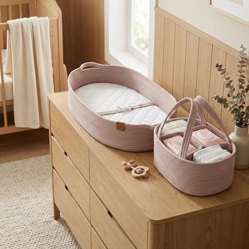 Image of XL Baby Changing Basket for Dresser Top, Moses Baskets for Newborn, Portable Baby Diaper Changing Pad Table Topper for Dresser, Moses Bassinet Mat with Waterproof Pad Cover and Diaper Caddy