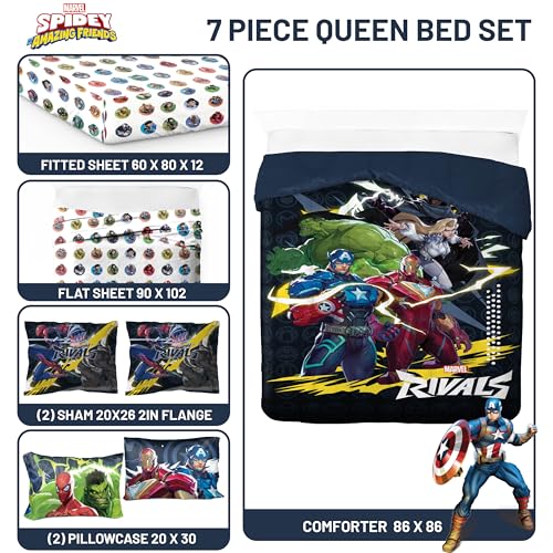 Image of Marvel Rivals Queen Comforter Set 7 Piece Soft Bedding for Boys, Multi | Avengers, Comforter Sheets Shams Pillowcases, Official Product, Soft Microfiber, Machine Washable, Boys Gift