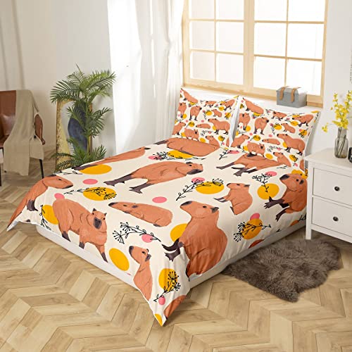 Cartoon Capybara Duvet Cover for Kids,Cute Brown Capybaras Comforter Cover Single Size for Teens Boys Girls Room Decor,Funny Doodle Plants Dots Design Bedding Set Microfibre Soft Bedspread Cover 2Pcs - Image 3