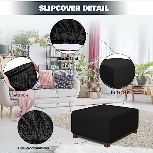 Image of NeColorLife Square Ottoman Cover Jacquard Fabric Thick Stretchable Slipcover for Oversized Square Ottoman Furniture Protector,X-Large,Black