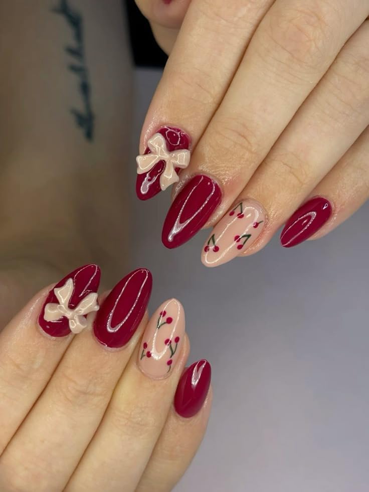 Almond Short Press on nails, 3D Love Heart Ornaments and White Bow, Pink False Nails with nail glue, perfect fit and reusable stick on Fake nails for women and girls (Burgundy 2, 24PCS)-image-46