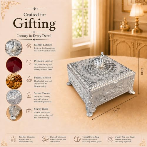 Image of Diviniti Silver Plated Peacock Decorative Box with Premium Gift Box | Luxury Multipurpose Storage Box for Home Decor, Sweets & Corporate Gifting (White)