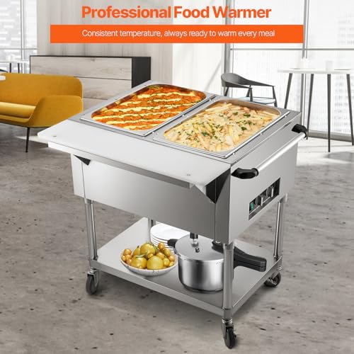 Image of VEVOR Commercial Electric Food Warmer, 2-Pot Steam Table Food Warmer, Features 0-100℃ Adjustable Temp, Movable Professional Stainless Steel Table with ETL Certification for Catering and Restaurants