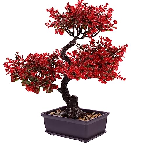EXCEART Artificial Bonsai Plant Red Plastic Potted Decor for Desktop Wedding Table Centerpiece Home Office Decoration