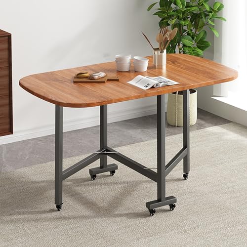 Mesa de comedor plegable móvil multifuncional con marco de metal y tablero de madera maciza, asientos de fácil montaje, 4, 8, 6 ruedas, para movilidad, duradera y elegante, 100 x 60 cm, ideal para