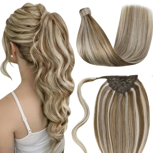 LaaVoo Ponytail Extension Human Hair Blonde Ponytail Hair Extensions Gloden Brown Highlight Blonde 12 Inch 70g