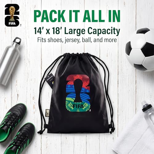 Image of FIFA World 2026 Cup Official Licensed Drawstring Backpack Bag, Sports Gym Sackpack for Adults Men Women Outdoor Travel Beach (Black+White)