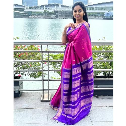 Image of DHIHA Gadwal Cotton Saree for Women | Pure Kalyani Cotton Saree with Zari Border Tassels & Blouse | Kanjivaram Linen Silk | Handloom Weave