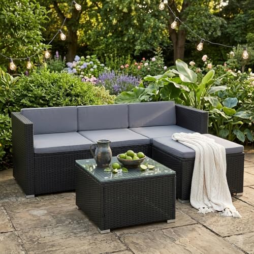 ESTEXO Rattan Lounge Sitzgruppe Polyrattan Gartenmöbel Set Couch 3-Sitzer Rattanmöbel Sofa Set Essgruppe Gartenset Balkon-Set (Schwarz)