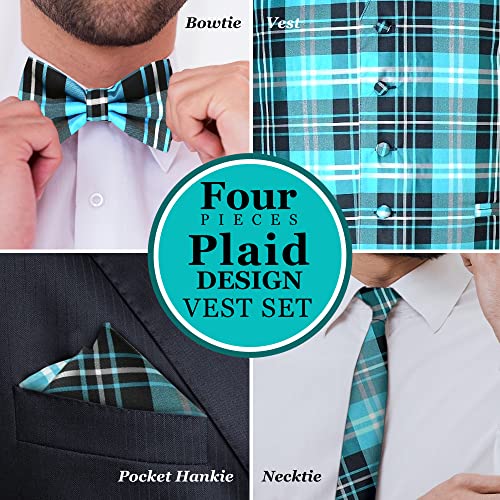 Oliver George Men's 4pc Plaid Design Formal Waistcoat Tuxedo Dress Vest NeckTie Bowtie Handkerchief Set For Suit or Tuxedo3