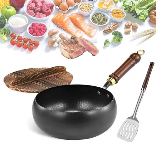 Suntuup Japanese Iron Pan, Uncoated Iron Pan, 9.45/11 inch Suntuup Japanese traditional hand-forged non-stick iron pan, Food grade, Coating with Lid, suitable for gas stove wok (Wooden lid,28CM)